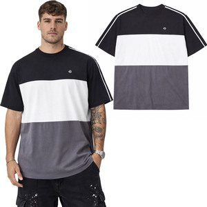 เสื้อยืดโอเวอร์ไซส์ผู้ชายสไตล์สตรีทแวร์ คอตตอนผสม คอกลม แขนเสื้อลายทางตัดกัน ทรงบ็อกซี่ สีสันตัดกันแบบคัลเลอร์บล็อก ขายส่ง - Product Image 1
