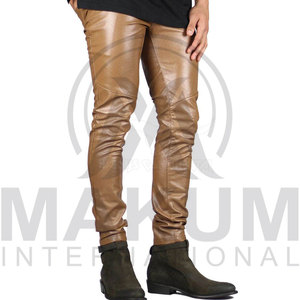 กางเกงหนังสีน้ำตาลทรงสกินนี่เอวยางยืดสไตล์โมโตสำหรับผู้ชาย - Product Image 4