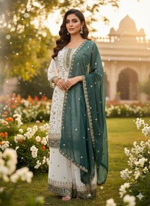 Ensemble de costume plazo pour femme en faux georgette lourde brodée, blanc, longueur cheville, avec dupatta vert, pour mariage traditionnel indien ethnique - Product Image 5