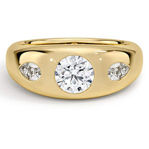 Anillo de tres piedras con diamante de corte redondo de 3 quilates en oro amarillo con piedras laterales en forma de pera, joyería clásica de compromiso para mujer, diseño personalizado. - Product Image 1