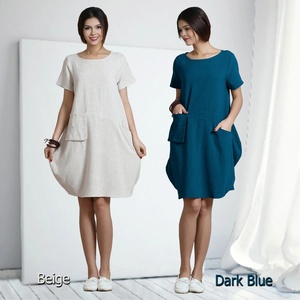 Best Selling Handmade 100% Cotton Bell Sleeve High Waist Vintage Bow <b>Loose</b> A-Line Midi <b>Dress</b> Utility Pockets Plain Dyed - Product Image 1