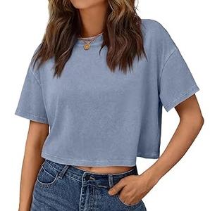 Camiseta de algodón vintage para mujer, estilo corto, con efecto lavado ácido, mangas cortas transpirables, logo frontal, precio mayorista OEM - Product Image 1