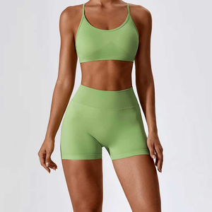 Women Yoga <b>Set</b> <b>Green</b> Seamless Racerback Crop Top High Waist Shorts 2 Piece Workout Sportswear Front Logo Spandex/Nylon - Product Image 1