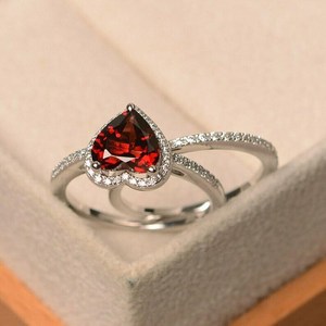 Classic Red <b>Garnet</b> Heart & Round Cut Moissanite Gemstone Proposal <b>Ring</b> Set Original 925 <b>Silver</b> Fine Surprise Birthdays Party - Product Image 3
