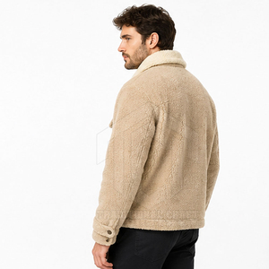 Custom <b>Mens</b> Beige Sherpa Trucker <b>Jacket</b> Turn-down Collar Double Chest Flap Pockets Full Zip Casual <b>Thick</b> Winter <b>Fleece</b> Outerwear - Product Image 3