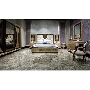 Luxury Modern <b>Solid</b> Teak <b>Wood</b> Bedroom Set King Size Bed with Mirrored Wardrobe 2 Nightstands and Designer <b>Dressing</b> <b>Table</b> Set - Product Image 1