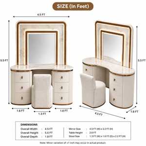 Modern LED Bedroom <b>Makeup</b> <b>Vanity</b> Table with Illuminated <b>Mirror</b> Marble Finish Upholstered Stool Storage Drawers - Product Image 2