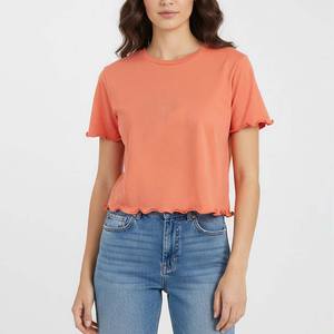 Camiseta Corta Casual con Cuello Redondo y Volantes para Mujer, Tela Cómoda y Transpirable, Color Naranja, Estilo Urbano Moderno - Product Image 1
