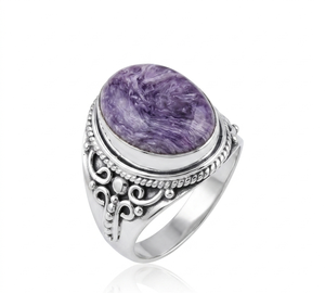 Charoite <b>Ring</b> <b>925</b> <b>Silver</b> Rose Gold & Yellow Gold Plated Vintage Oval Gemstone Statement <b>Ring</b> Handmade Jewelry for Women Men - Product Image 2