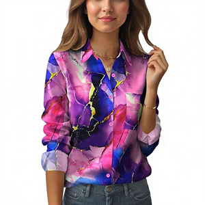 Camisa de poliéster para mujer, corte ajustado, con botones, manga larga, blusa elegante para el trabajo, informal, con estampado floral, con bolsillos - Product Image 1