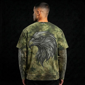 Camiseta Gráfica Personalizada para Hombre, Cuello en V, 100% Algodón, Verde Oliva, Lavado Ácido, con Pedrería, Manga Larga, 2 en 1, Estilo Y2K - Product Image 4