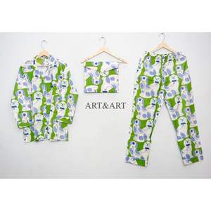 Conjunto de pijama para mujer con estampado de perro, elegante y bonito, hecho a mano, 100% algodón, cintura elástica, floral, manga larga, largo completo - Product Image 4