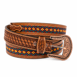 <b>Mens</b> Brown <b>Western</b> Leather <b>Belt</b> Beaded Embossed Cowboy Waist <b>Belt</b> Engraved Buckle Wholesale Custom Supplier for Jeans Wear Daily - Product Image 1