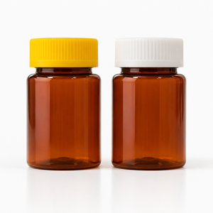 Flacon pharmaceutique en plastique PET rond ambré de 150 ml avec bouchon à vis côtelé pour capsules et comprimés, fabriqué au Vietnam - Product Image 1