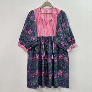 Tunique en coton écologique à imprimé floral fait main, col en V, manches 3/4, ourlet à volants en dentelle, lavable, taille naturelle, style chinoiserie - Product Image 1