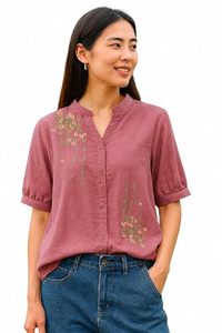 Blusa Blanca de Manga Corta para Mujer, Bordada con Flores, Cuello en V, Abotonada, Informal, para Primavera/Verano - Product Image 3