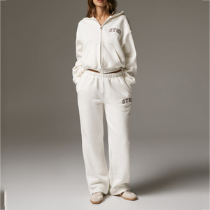 Survêtement personnalisé pour femme avec fermeture éclair, DTF OEM, ensemble décontracté deux pièces en polyester et coton, veste et pantalon, vêtements streetwear - Product Image 1