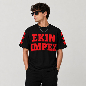 Custom <b>Black</b> Oversized T <b>Shirt</b> <b>Red</b> Puff Print 240 GSM Heavyweight Cotton Streetwear Graphic Tee <b>Men</b> OEM ODM Manufacturer - Product Image 3