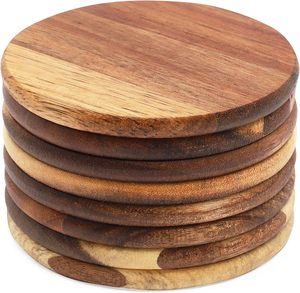 Classic Acacia Wood Round Coasters Handmade <b>Protection</b> for <b>Tables</b> Countertops & Surfaces 4.4" Diameter - Product Image 1