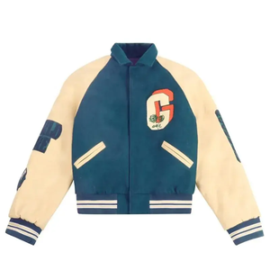 Green And <b>Purple</b> <b>Varsity</b> <b>Jacket</b> With Embroidered Letter Logo Preppy Style Autumn Wear Regular Fit Zipper Closure - Product Image 4