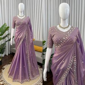 VASTRA COTTAGE Sari de Seda con Bordado de Hilo y Lentejuelas con Blusa a Juego, Colección Premium para Fiestas y Bodas - Product Image 5