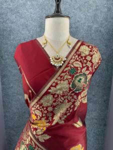 <b>Purple</b> Silk <b>Saree</b> With Gold Floral Embroidery Traditional Wedding Party Wear For Women India Pakistan Style - Product Image 5