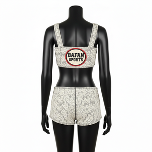 Conjunto de Bikini Premium para Mujer en Poliéster y Spandex con Encaje Estampado, Gris y Blanco, con Parche de Logotipo Personalizado por Transferencia Térmica - Product Image 2