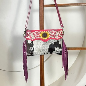 Sac à bandoulière en cuir de vachette fait main avec franges, style western, motif tournesol, pour femme, vente en gros 2026 - Product Image 1