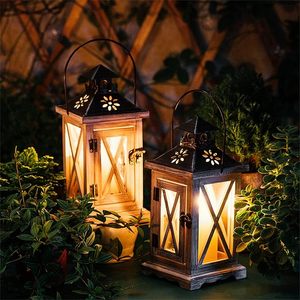 Juego de Portavelas de Madera Rústico, Faroles Decorativos de Estilo Rústico con Tapa de Metal y Paneles de Vidrio - Product Image 6