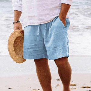Men's Solid Color Linen Bermuda Shorts Mid Waist Drawstring Casual Beach Wear Breathable With Pockets - Product Image 5