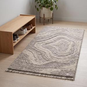 Tapis en laine tissé à la main beige et gris, couleur unie, antidérapant, à poils moyens, avec franges, décoration moderne pour la maison - Product Image 5