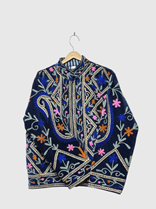 Veste en velours brodée de fleurs, col mandarin, manches longues, style Prairie Chic, vêtements d'hiver pour femmes grandes tailles - Product Image 3