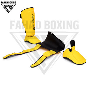 Protège-tibias et protège-pieds légers et durables jaune et noir pour l'entraînement de combat, en cuir avec fermeture auto-agrippante, équipement de boxe protecteur - Product Image 5