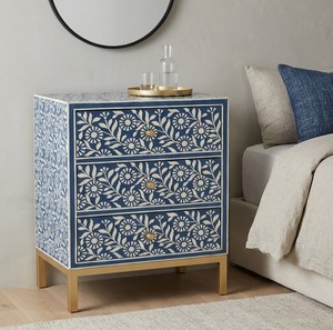 Designer Resin Bone Inlay Nightstand With 3 Drawer Handmade Floral <b>Bedside</b> Cabinet with <b>Gold</b> Metal Base Luxury Bedroom Furniture - Product Image 1