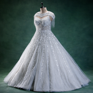 New Vision Pale Blue Sequined <b>Net</b> Women's Evening Gown | Hand-Embroidered Pentagon Neck Bridal Wedding Gown | Couture Floral - Product Image 4