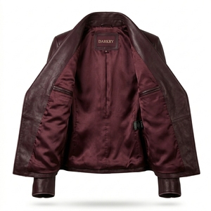 Burgundy Wine <b>Womens</b> Real Leather Wrap Coat Jacket Asymmetrical <b>Shawl</b> Lapel Gathered Waist Factory Hot Supplier - Product Image 5