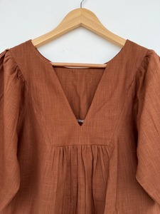 Women Cotton Slub Brown Blouse V Neck Half Sleeve Loose Fit Top Casual <b>Boho</b> Summer <b>Shirt</b> Picnic Holiday Wear - Product Image 2