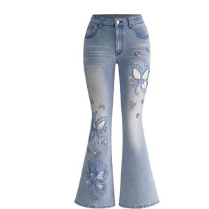 Vaqueros acampanados personalizados para mujer, azul claro, con parche de mariposa, apliques de diamantes de imitación brillantes, cintura alta, estilo streetwear - Product Image 1