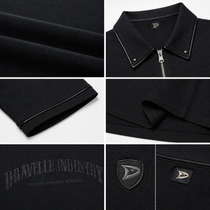 <b>Men</b>’s Charcoal Black Zip Polo Shirt, Y2K Streetwear Cotton Pique Tee, <b>Studded</b> Collar, Cropped Boxy Fit - Product Image 4