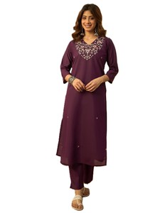 Ensemble Salwar Kameez en soie romaine violette traditionnelle pour femmes, pantalon Kurta long jusqu'aux chevilles, tenue décontractée, style Inde Pakistan - Product Image 2