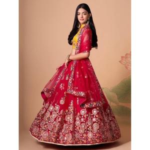 Prodigieux miroir rose vif filet de travail Lehenga Choli décorations de mariage élégantes porter - Product Image 6