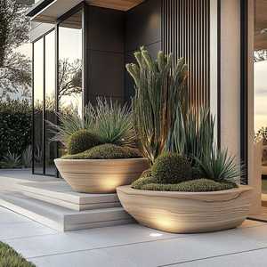 Maceta Redonda Grande de Fibra de Vidrio FRP Contemporánea con Textura, Jardinera con Base y Drenaje para Decoración de Patio y Hogar - Product Image 3