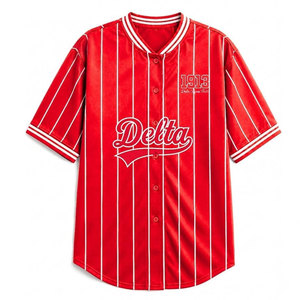 Delta |   Sigma |   Camiseta de béisbol a rayas rojas para mujer de Theta Sorority, camisa informal con botones y manga corta para mujer DST - Product Image 1