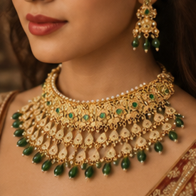 Ensemble collier et boucles d'oreilles de mariée en or plaqué or de qualité supérieure avec pierres vertes, bijoux de mariage et de festival pour femmes - Product Image 2