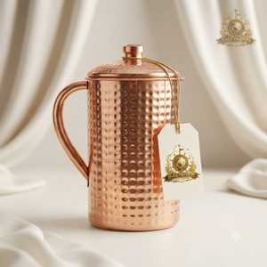 Handmade Hammered Pure Copper Water <b>Jug</b> With Lid Traditional Ayurveda Drinkware Pitcher For Home Kitchen Dining - Product Image 1