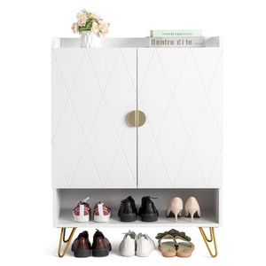 Panel de Puerta Tallado en Forma de V FCH, 80*37*110cm, Gabinete de Tablero de Partículas Blanco con Doble Puerta, Estante Superior para Zapatos, Accesorio Dorado - Product Image 1