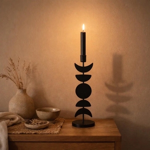 Moradabad Art Metal Ware Geometric Iron <b>Candlestick</b> <b>Holder</b> Moon Phase Design <b>Black</b> Metal Handmade Eco-friendly Powder Coated - Product Image 1