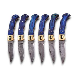 มีดพับเหล็กดามัสกัสคุณภาพสูง ด้ามไม้ปักก้าสีน้ำเงินฝังลายทองเหลือง พร้อมปลอกมีด EDC สำหรับพกพา - Product Image 1