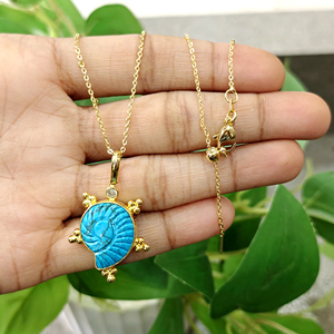 Handcrafted blue turquoise ammonite carving pendant <b>with</b> minimal zircon bezel set necklace 18k gold plated chain fashion jewelry - Product Image 5