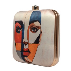 Abstract Face Print Clutch Metal <b>Frame</b> Hard Case with Satin Digital Fabric Raw Silk Interior and Crystal Stone Lock 7 - Product Image 5
